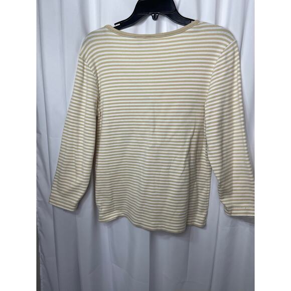 Chico's t-shirt knit tee women's 8 small white tan stripe v neck button detail - Picture 4 of 11
